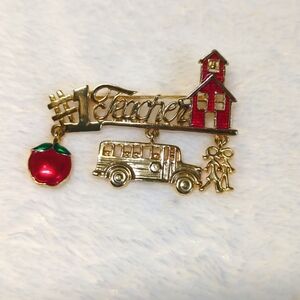 Vintage Goldtone and Red Enamel #1 TEACHER Brooche
